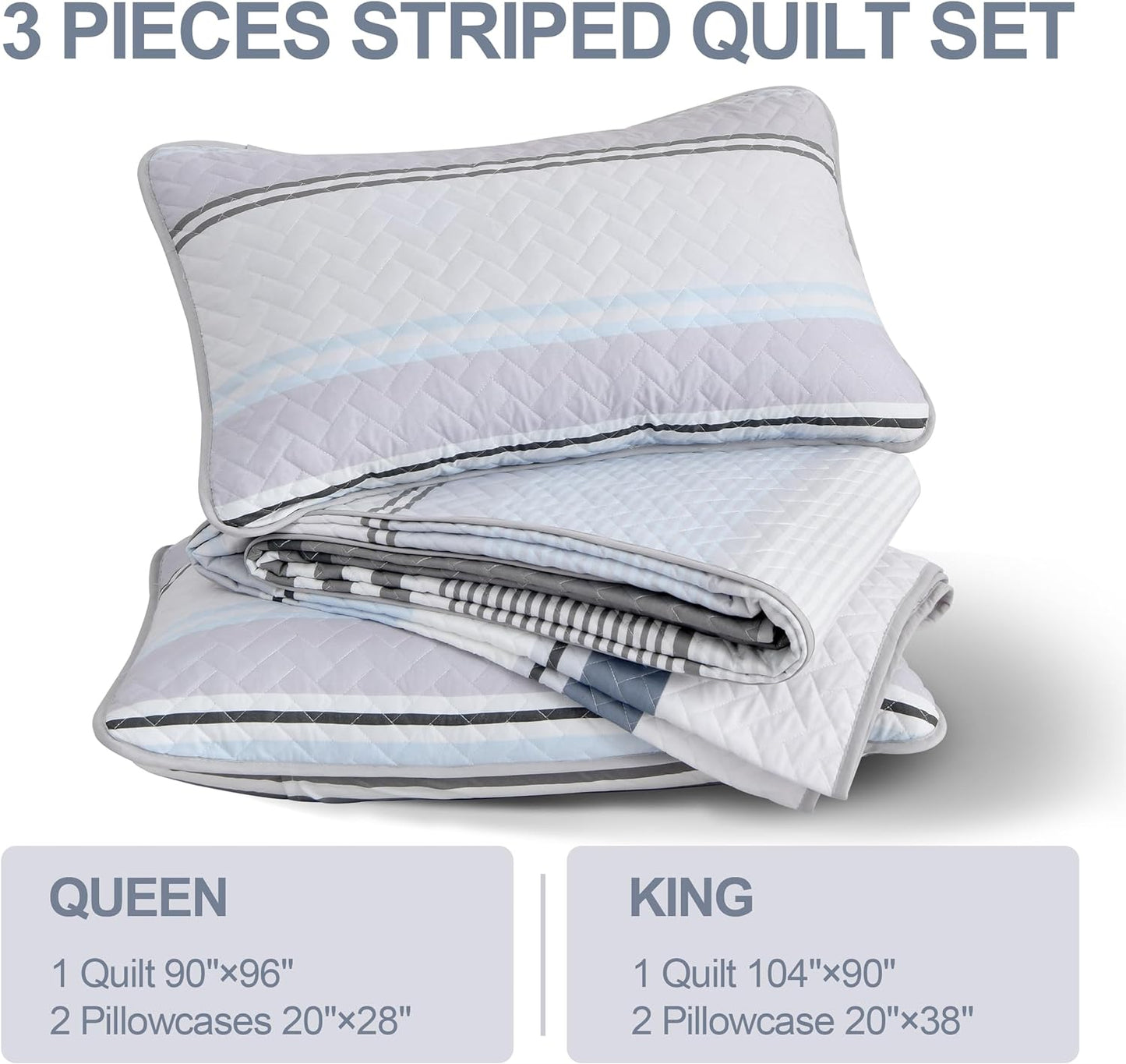 Boho Grey & Blue Stripes Reversible Bedding Quilt Set