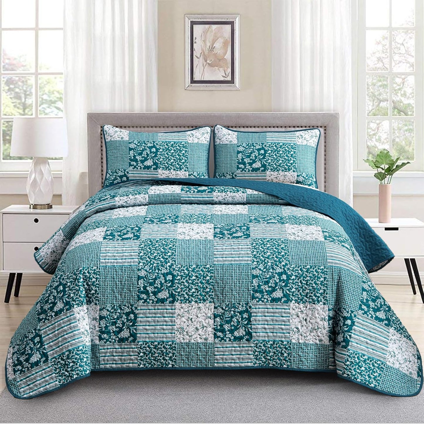 Teal Floral Paisley Patchwork 3 Piece Bedding Quilt Set