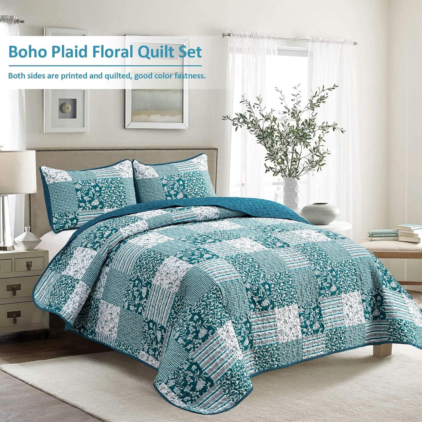 Teal Floral Paisley Patchwork 3 Piece Bedding Quilt Set
