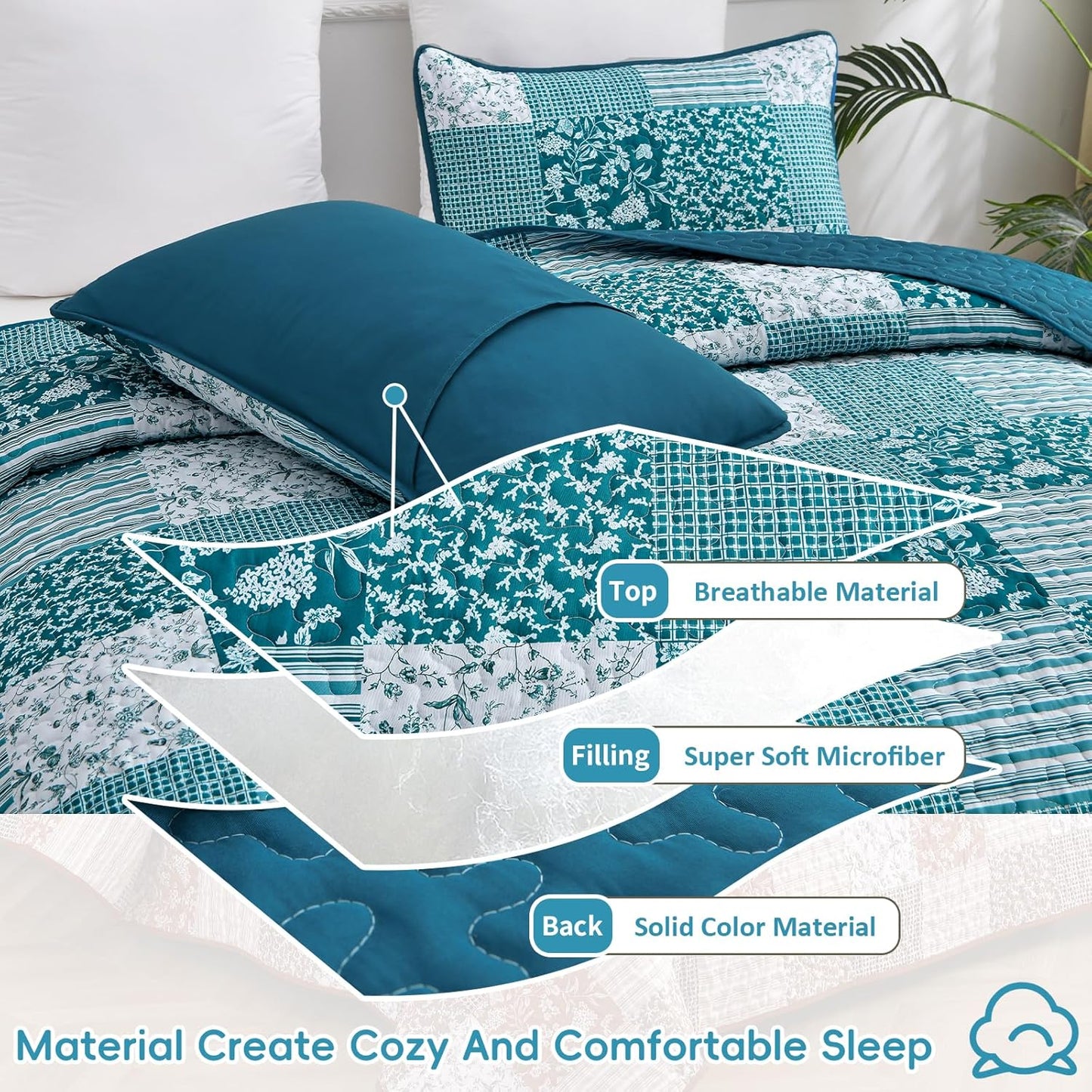 Teal Floral Paisley Patchwork 3 Piece Bedding Quilt Set