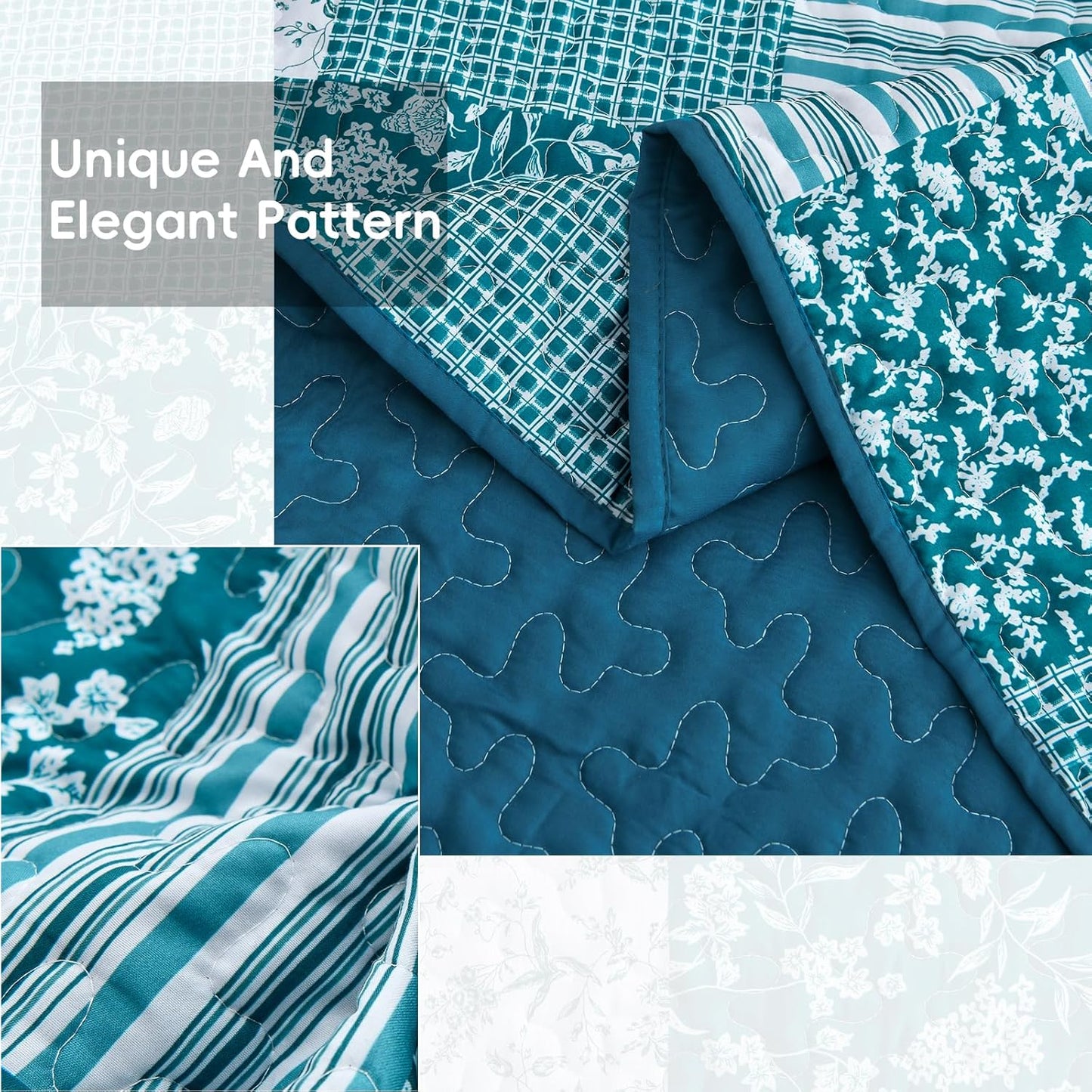 Teal Floral Paisley Patchwork 3 Piece Bedding Quilt Set