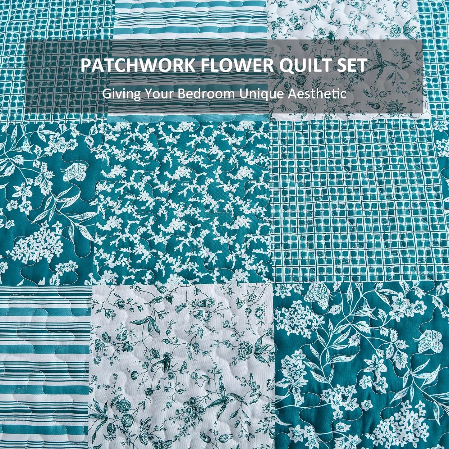 Teal Floral Paisley Patchwork 3 Piece Bedding Quilt Set