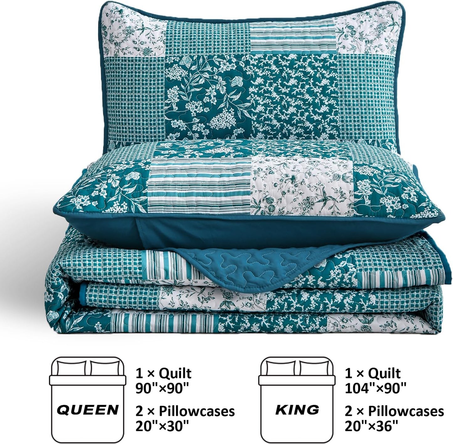 Teal Floral Paisley Patchwork 3 Piece Bedding Quilt Set