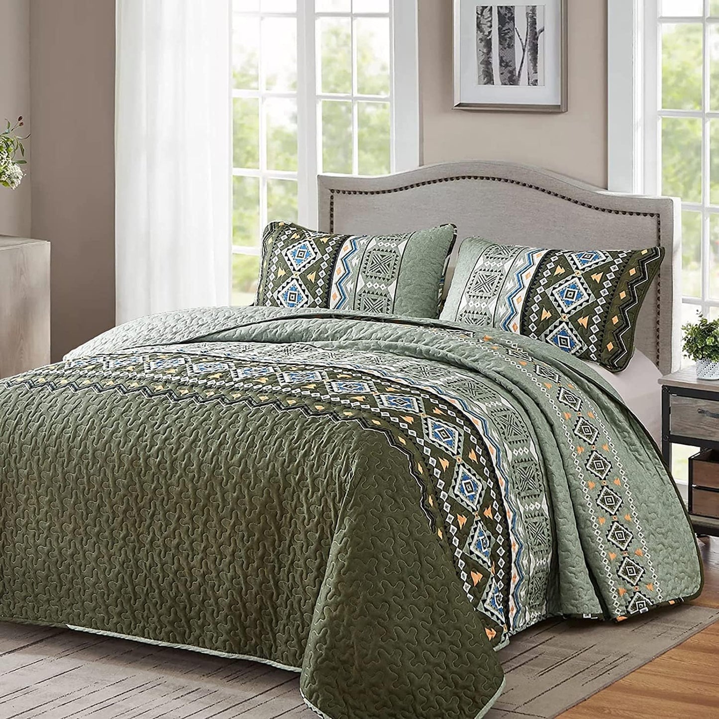 Boho Aztec Olive Green Reversible 3 Piece Quilt Set