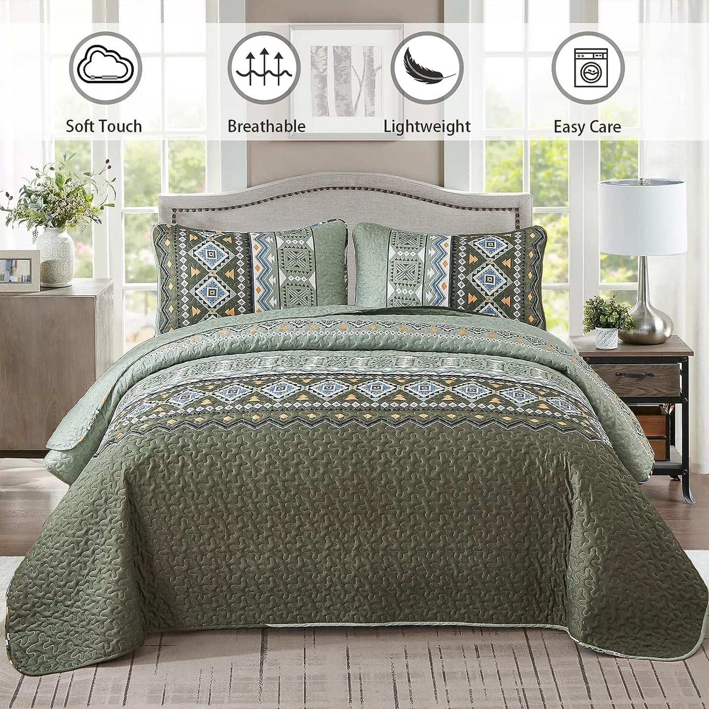 Boho Aztec Olive Green Reversible 3 Piece Quilt Set