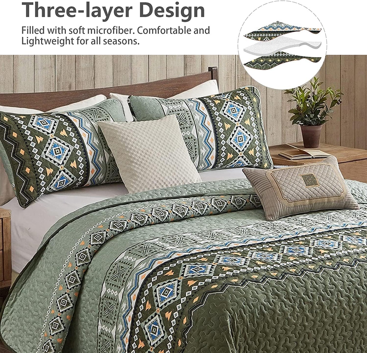 Boho Aztec Olive Green Reversible 3 Piece Quilt Set