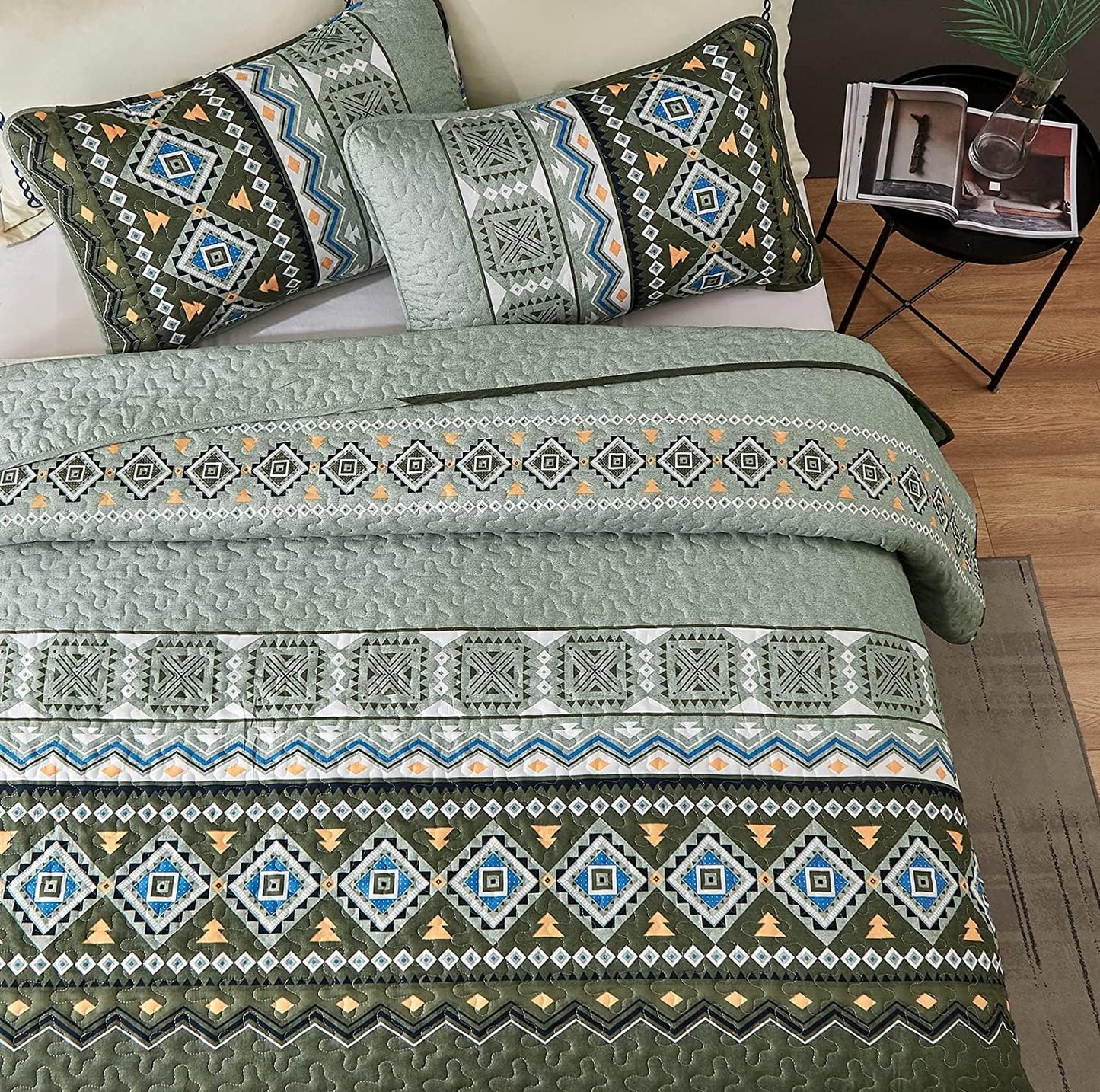 Boho Aztec Olive Green Reversible 3 Piece Quilt Set