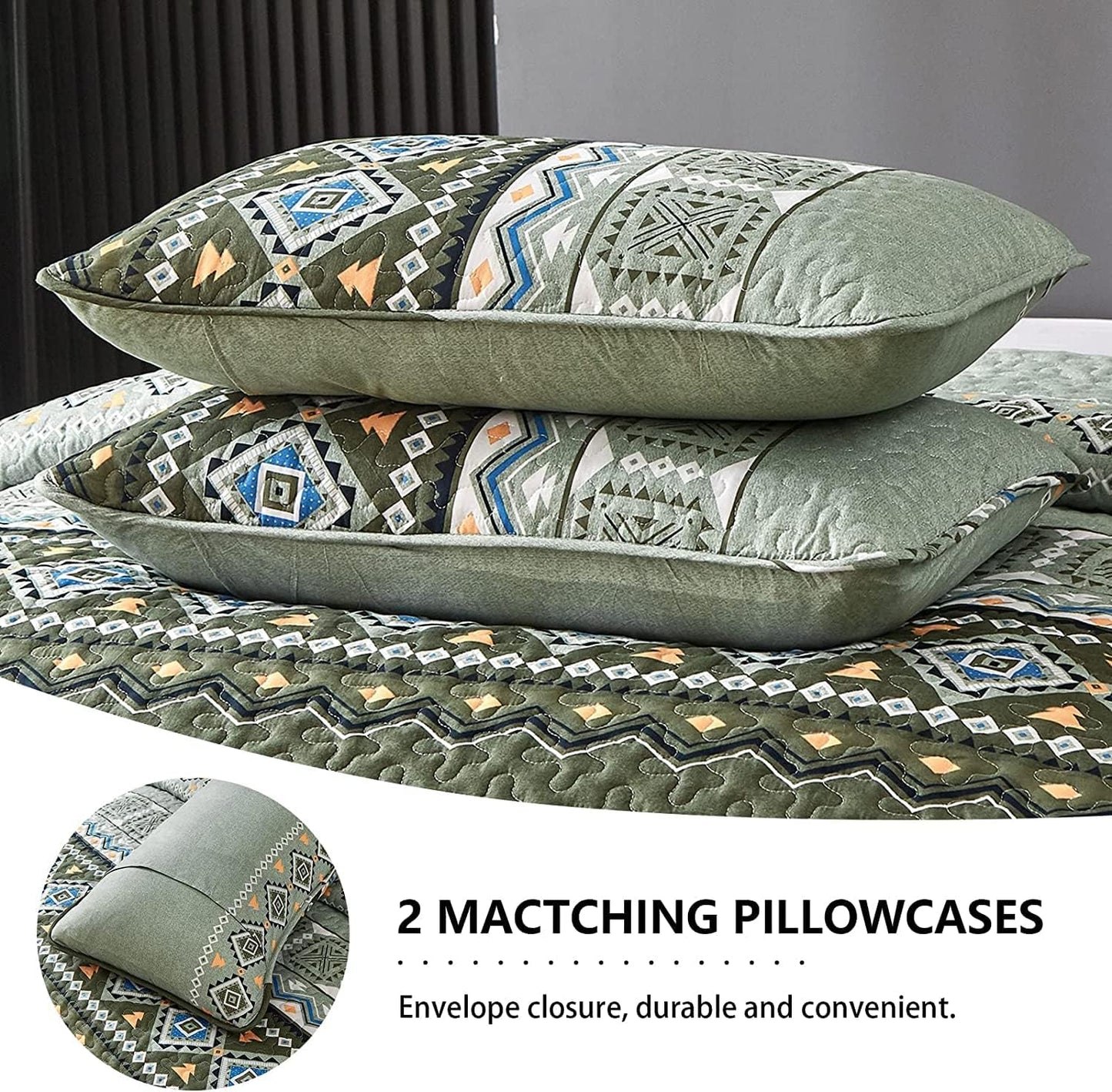 Boho Aztec Olive Green Reversible 3 Piece Quilt Set