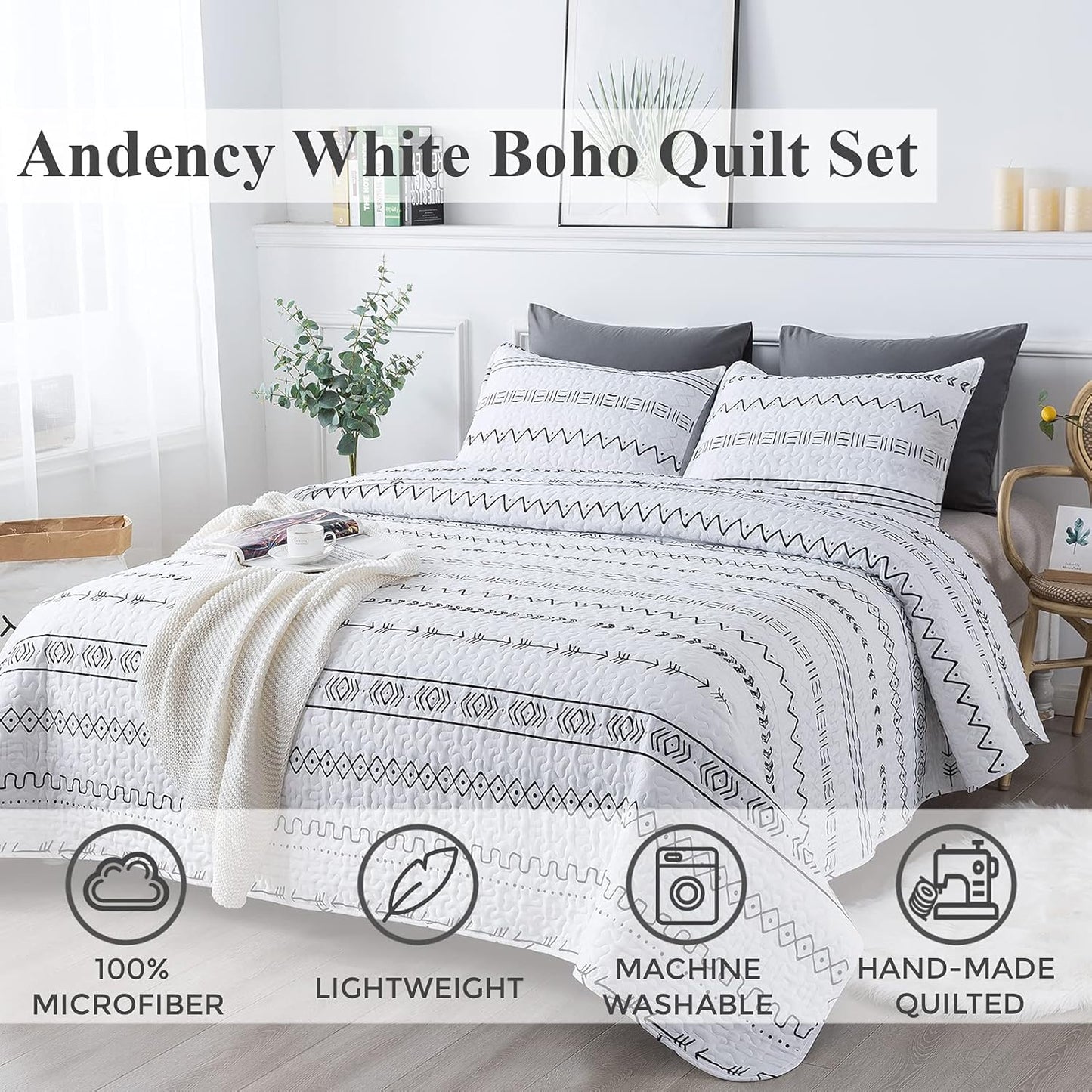 Boho Aztec White & Black Reversible 3 Piece Quilt Set