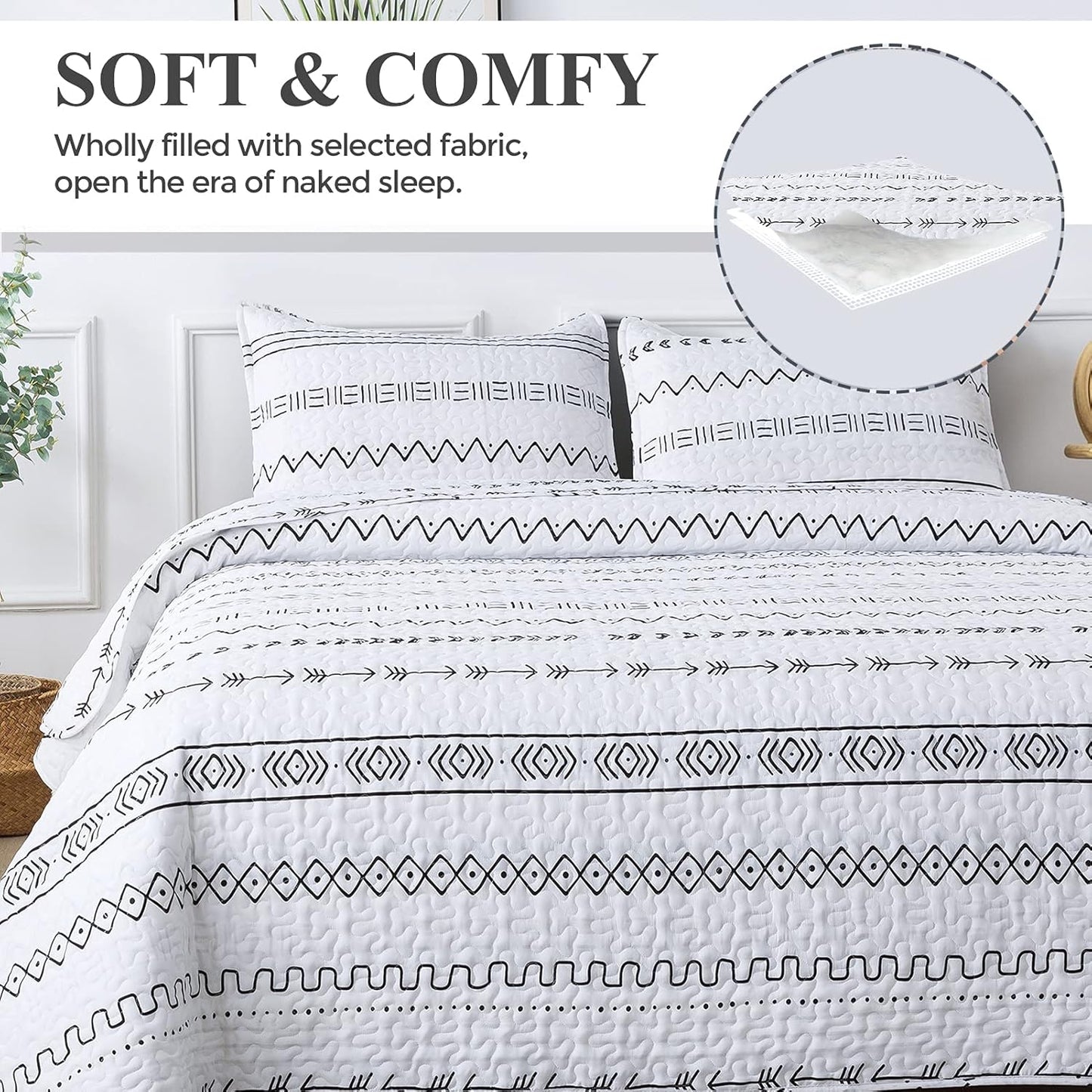 Boho Aztec White & Black Reversible 3 Piece Quilt Set