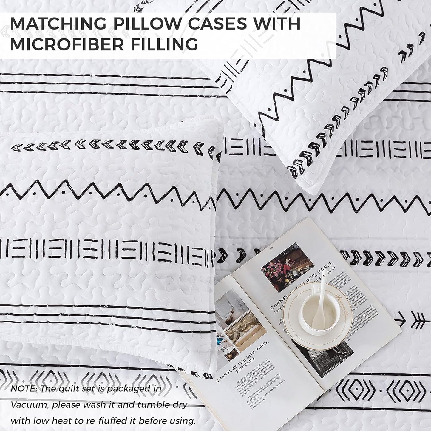 Boho Aztec White & Black Reversible 3 Piece Quilt Set