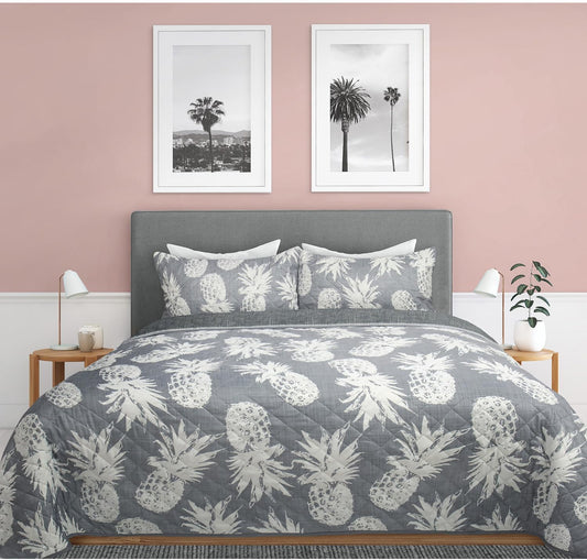 Grey Pineapples 3 Piece Bedding Quilt Set