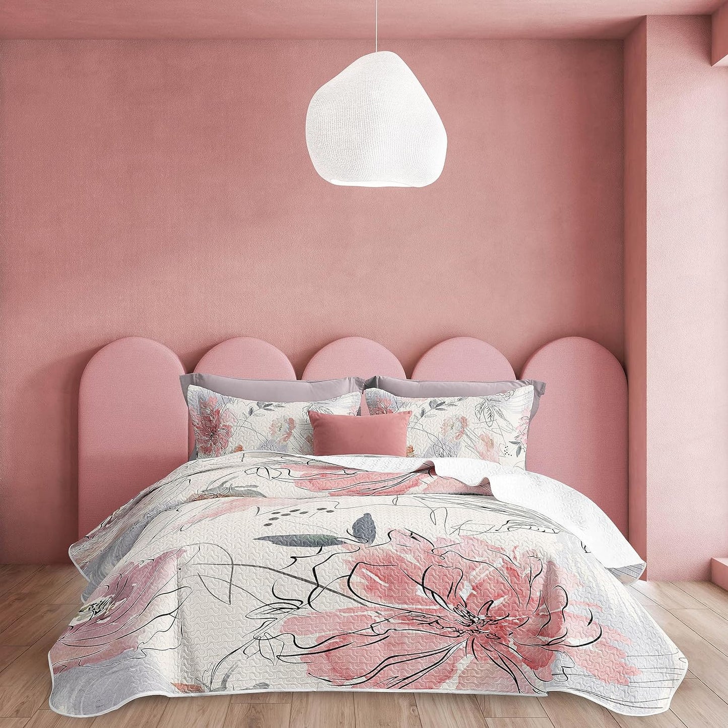 Pink Abstract Floral Reversible 3 Piece Quilt Set