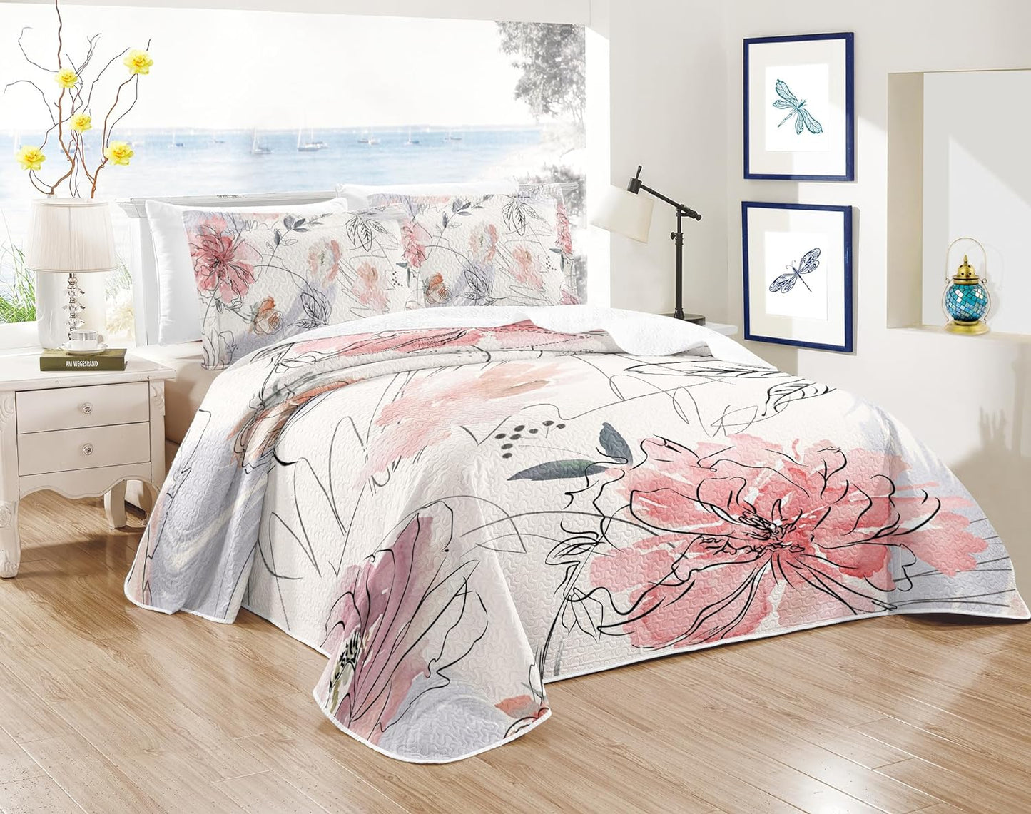 Pink Abstract Floral Reversible 3 Piece Quilt Set