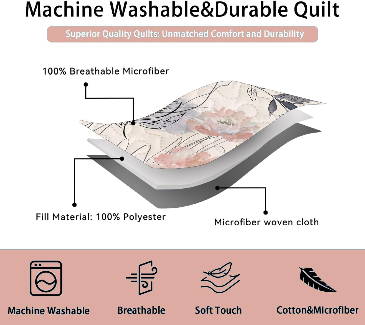 Pink Abstract Floral Reversible 3 Piece Quilt Set