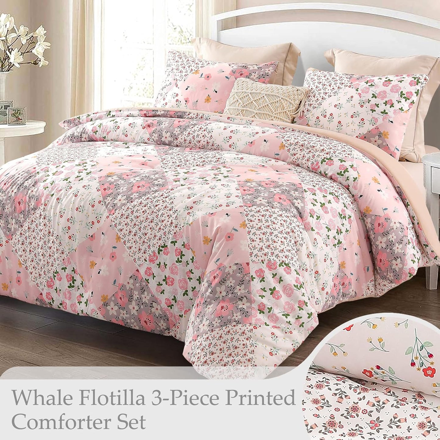 Pink Floral Patchwork 3 Piece Comforter Set