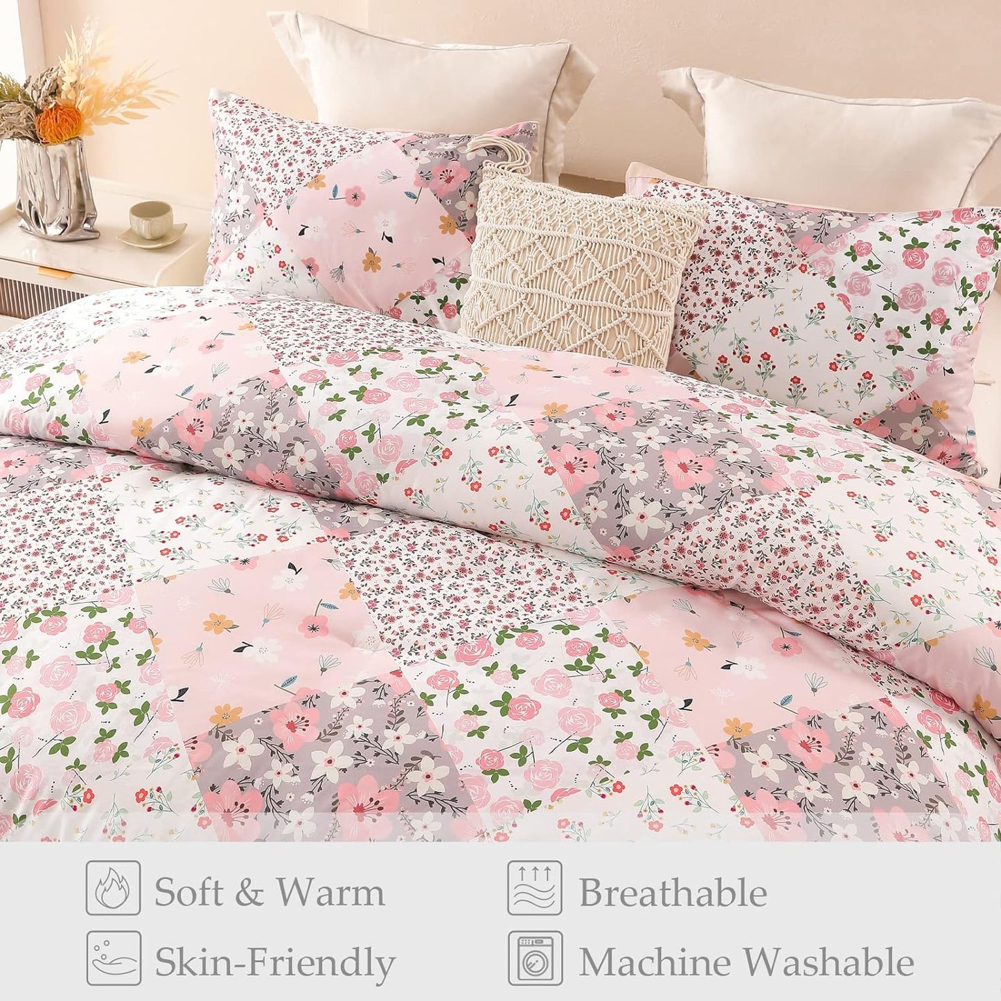 Pink Floral Patchwork 3 Piece Comforter Set