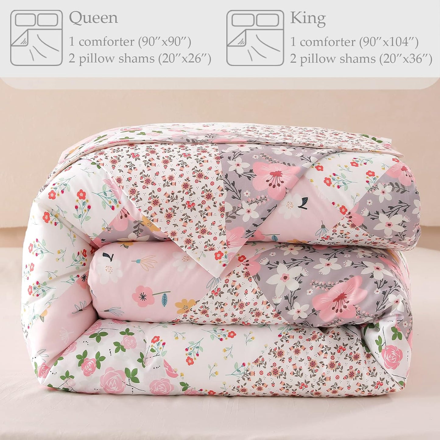 Pink Floral Patchwork 3 Piece Comforter Set