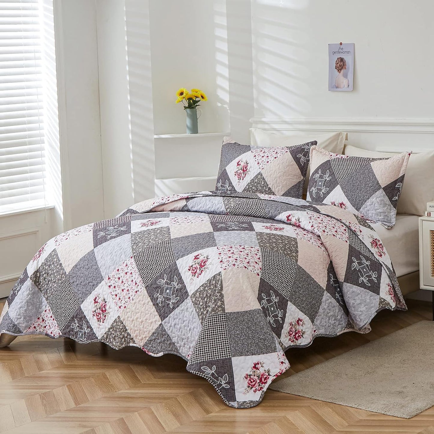 Pink Grey & Brown Floral Patchwork 3 Piece Bedding Quilt Set