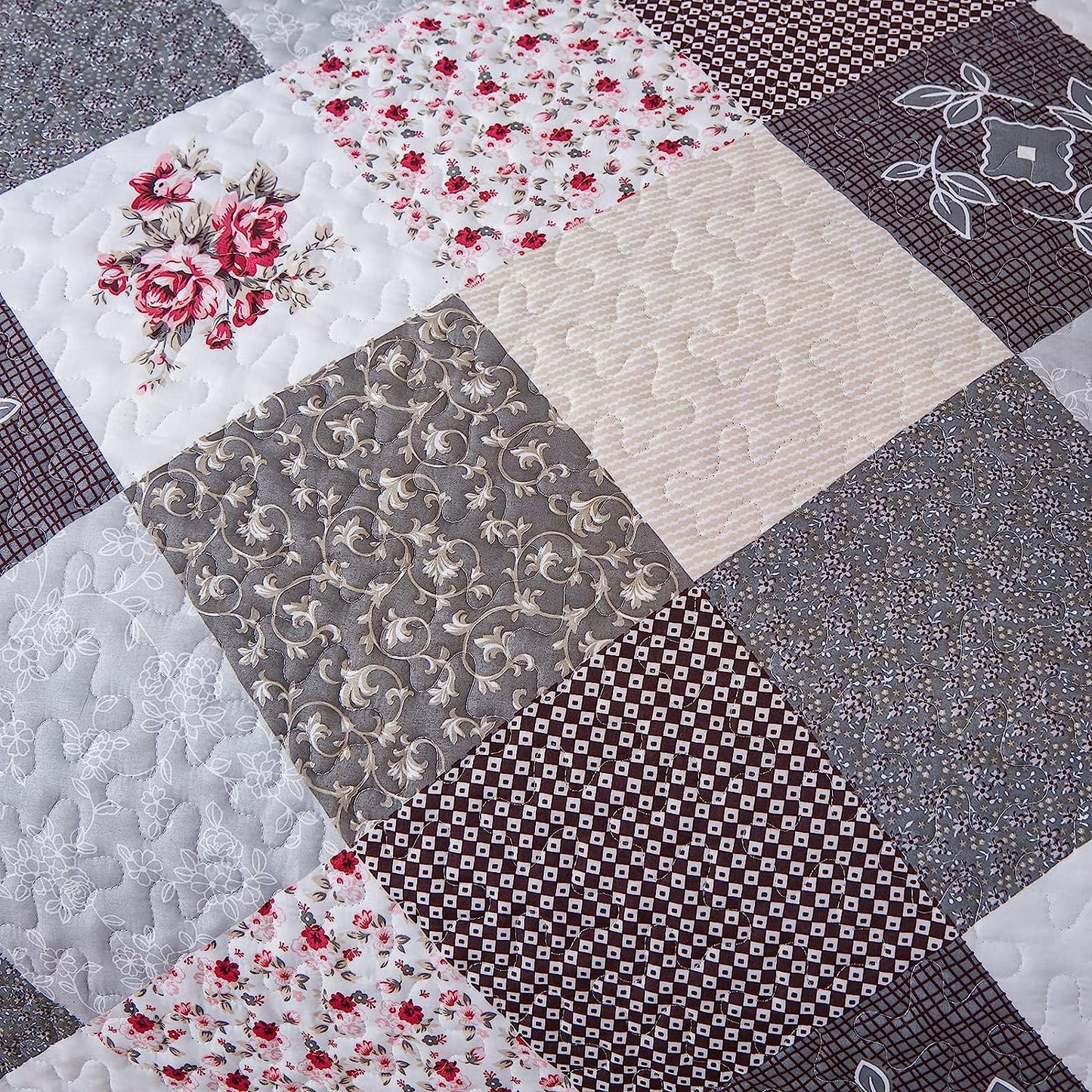 Pink Grey & Brown Floral Patchwork 3 Piece Bedding Quilt Set