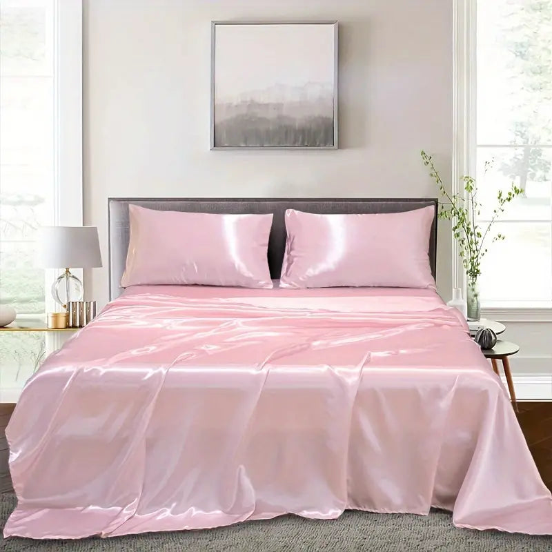 Solid Pink Satin 4 Piece Sheet Set