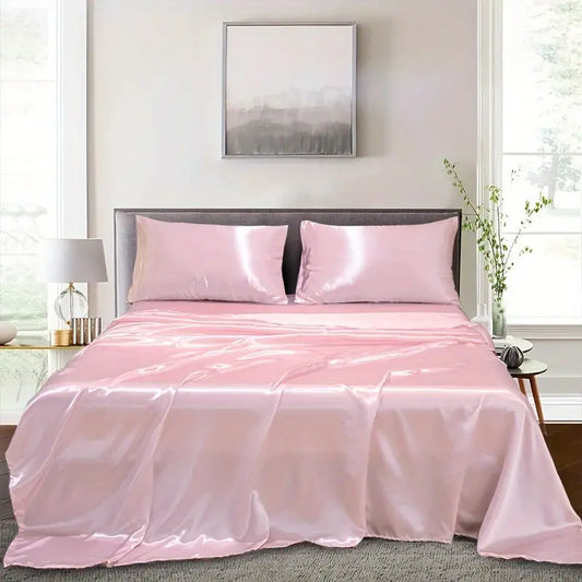 Solid Pink Satin 4 Piece Sheet Set