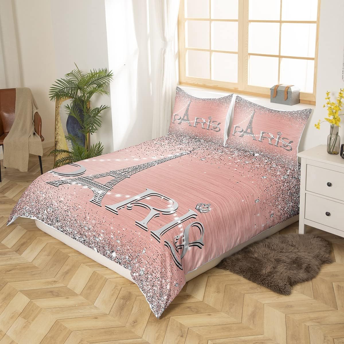 Pink & Silver Eiffel Tower 3 Piece Duvet Cover Set