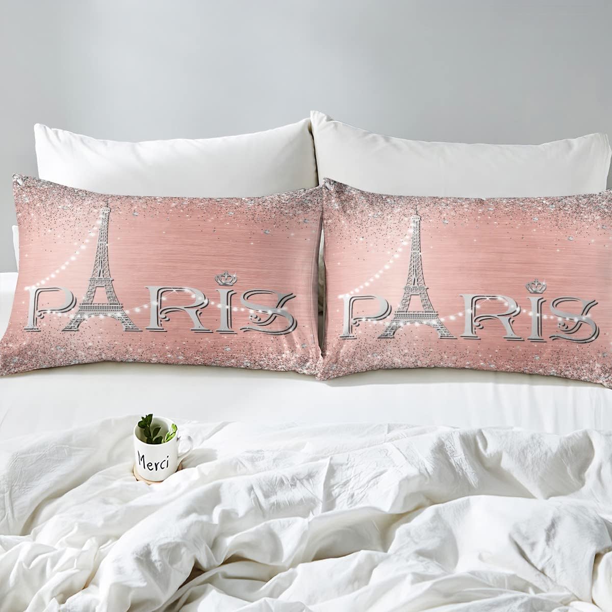 Pink & Silver Eiffel Tower 3 Piece Duvet Cover Set