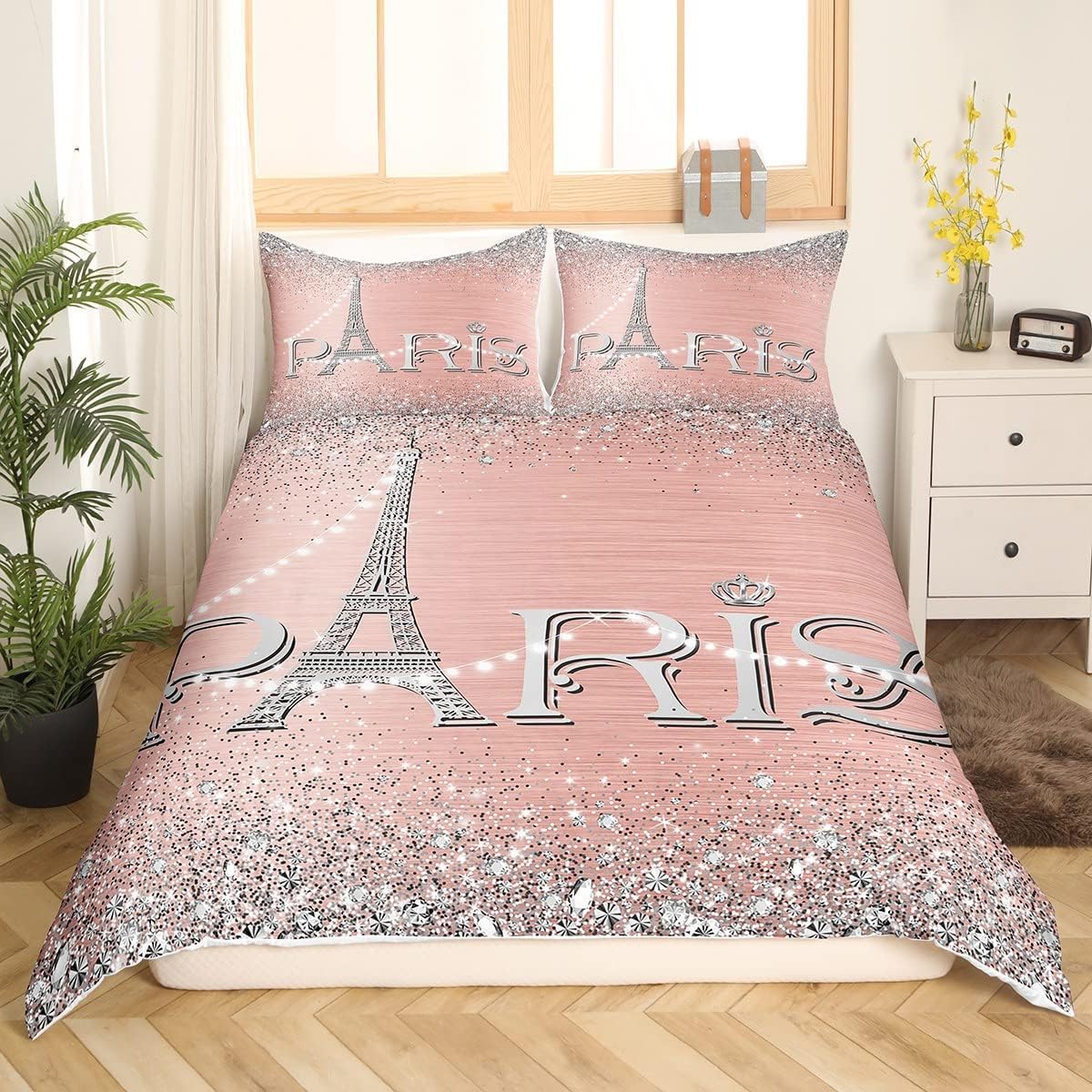 Pink & Silver Eiffel Tower 3 Piece Duvet Cover Set
