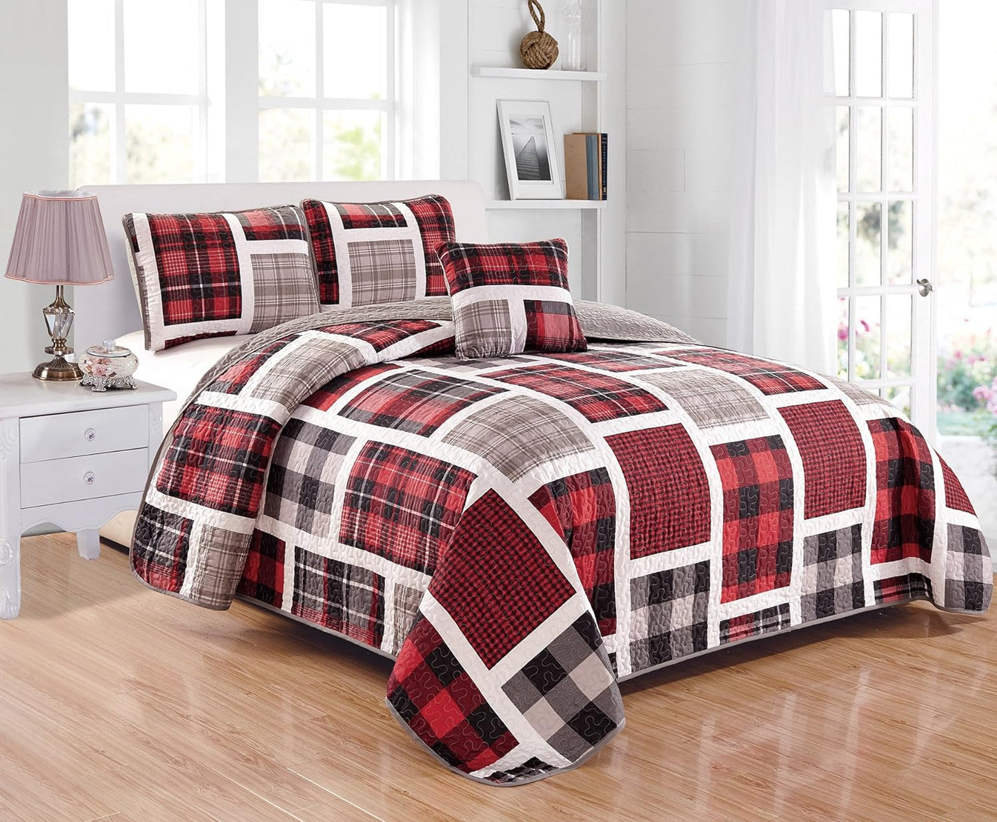 Rustic Red Grey Plaid Patchwork 4 Piece Quilt Set