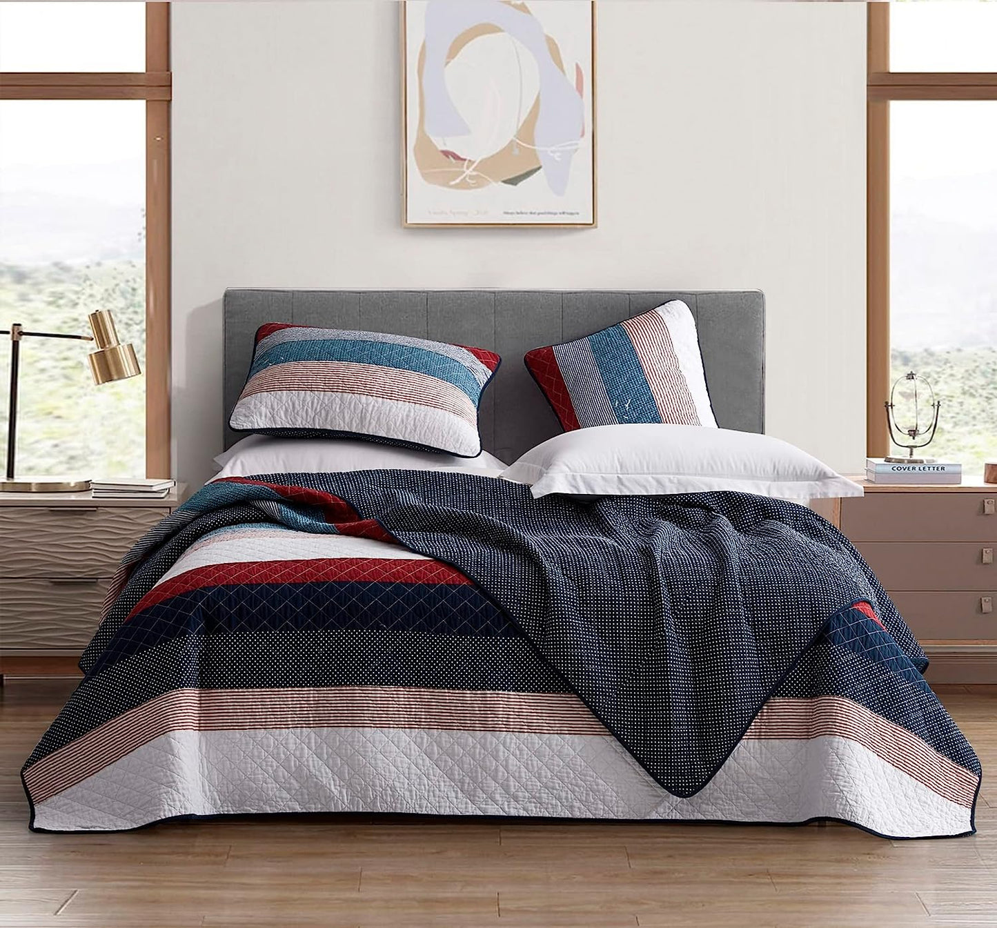 Boho Striped Red & Navy Reversible 3 Piece Bedding Quilt Set