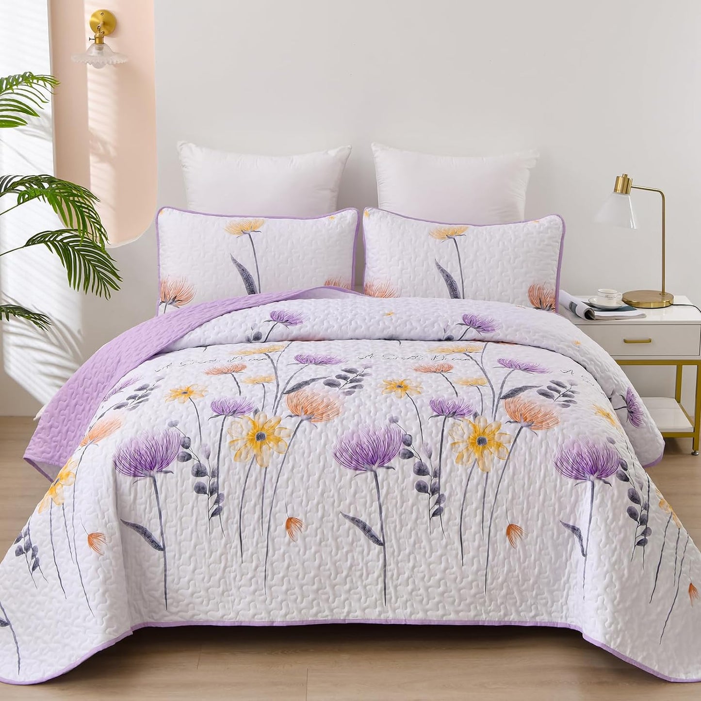 Purple & Yellow Floral 3 Piece Bedding Quilt Set