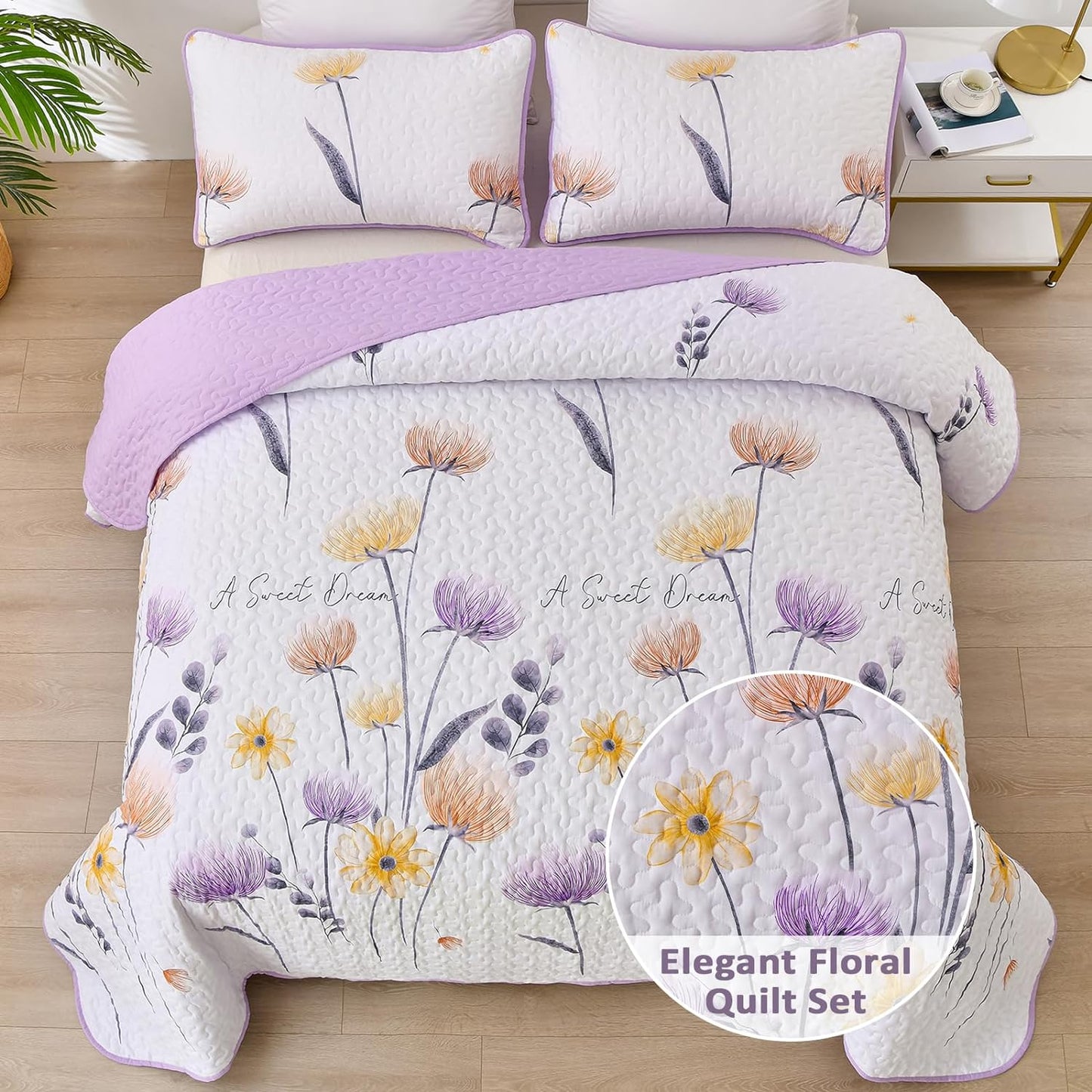 Purple & Yellow Floral 3 Piece Bedding Quilt Set