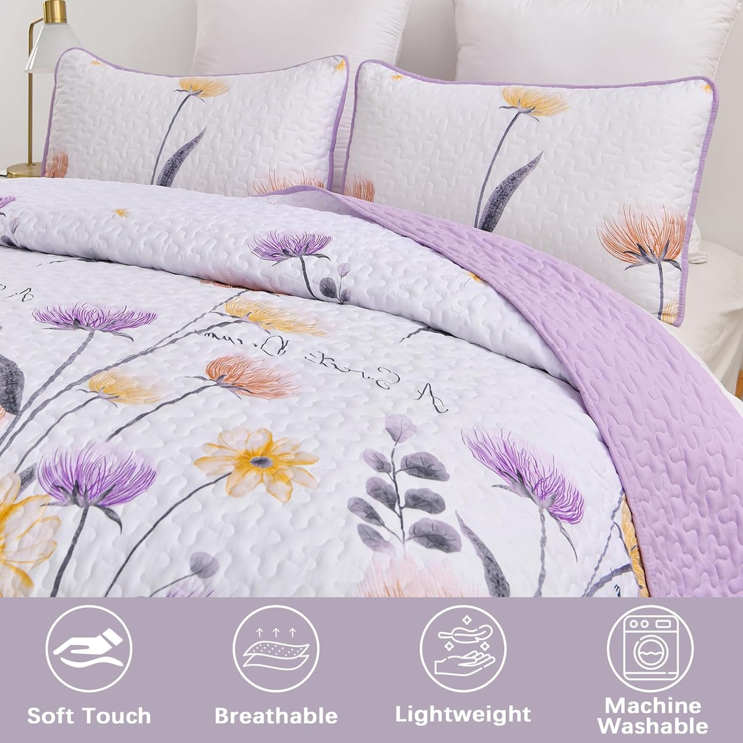 Purple & Yellow Floral 3 Piece Bedding Quilt Set