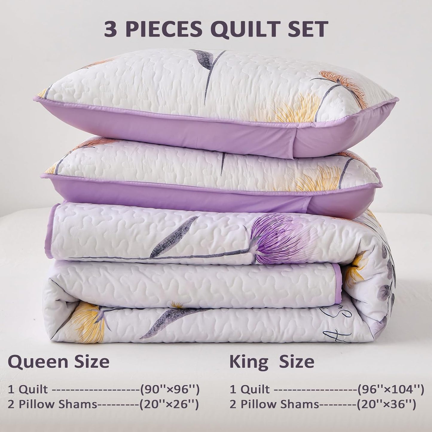 Purple & Yellow Floral 3 Piece Bedding Quilt Set