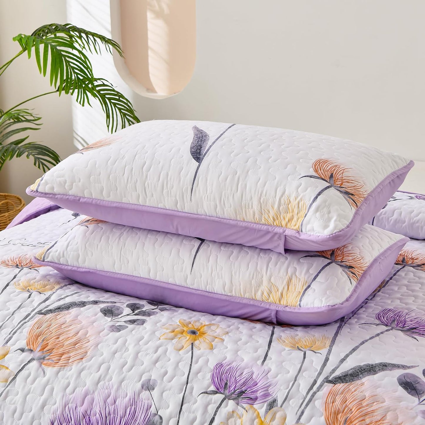 Purple & Yellow Floral 3 Piece Bedding Quilt Set