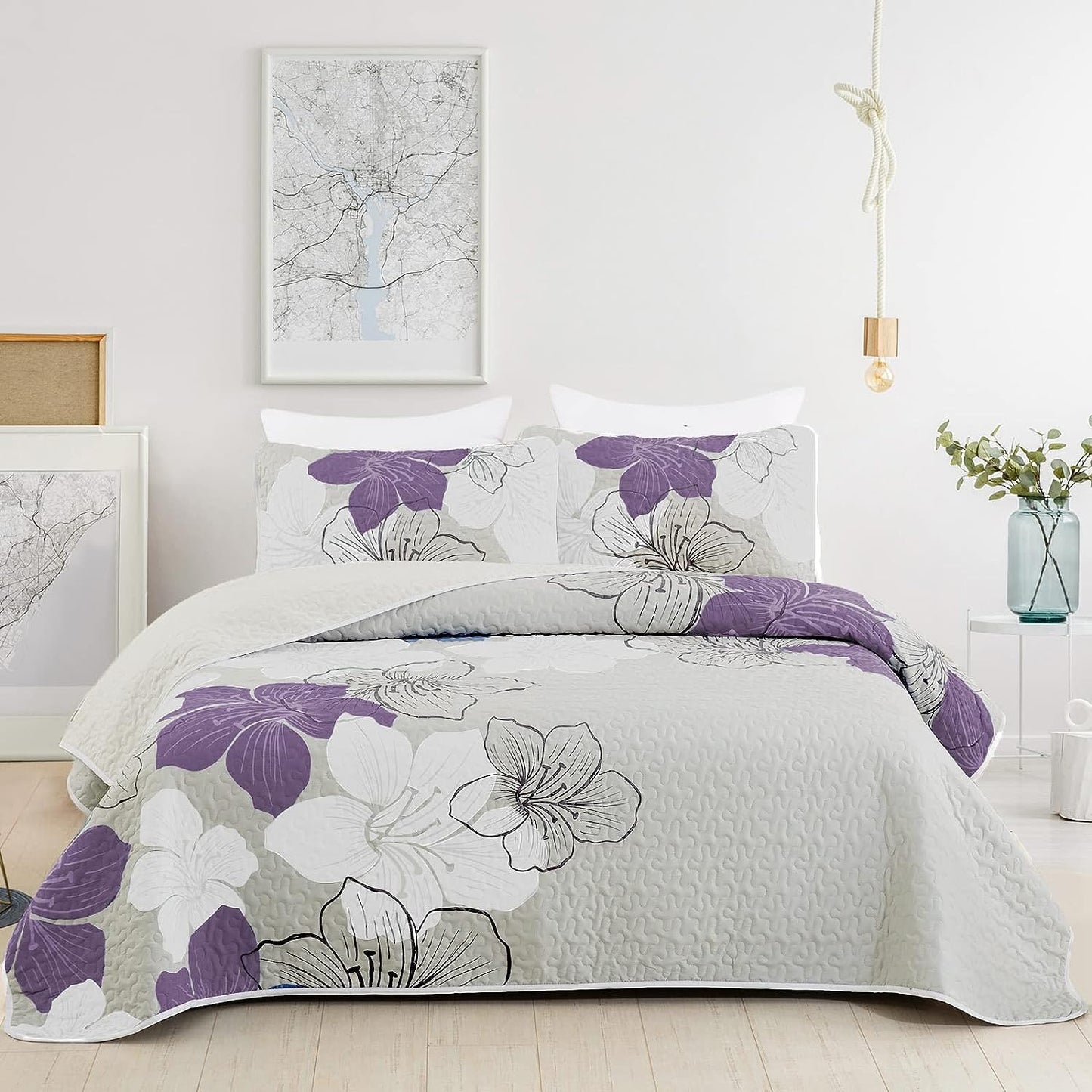 Purple Bohemian Floral 3 Piece Bedding Quilt Set
