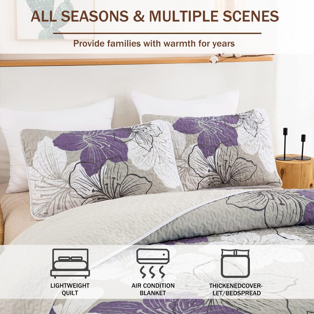 Purple Bohemian Floral 3 Piece Bedding Quilt Set