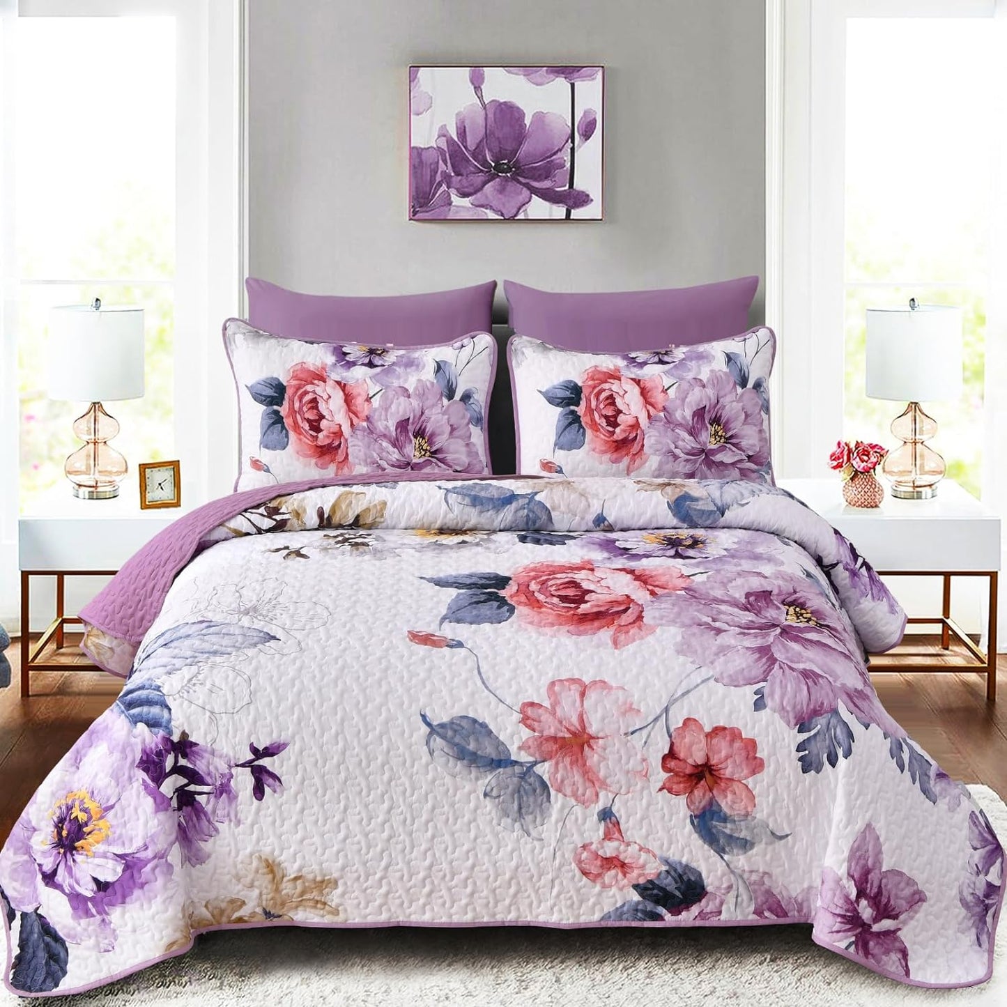 Botanical Purple Floral Reversible 2/3 Piece Quilt Set