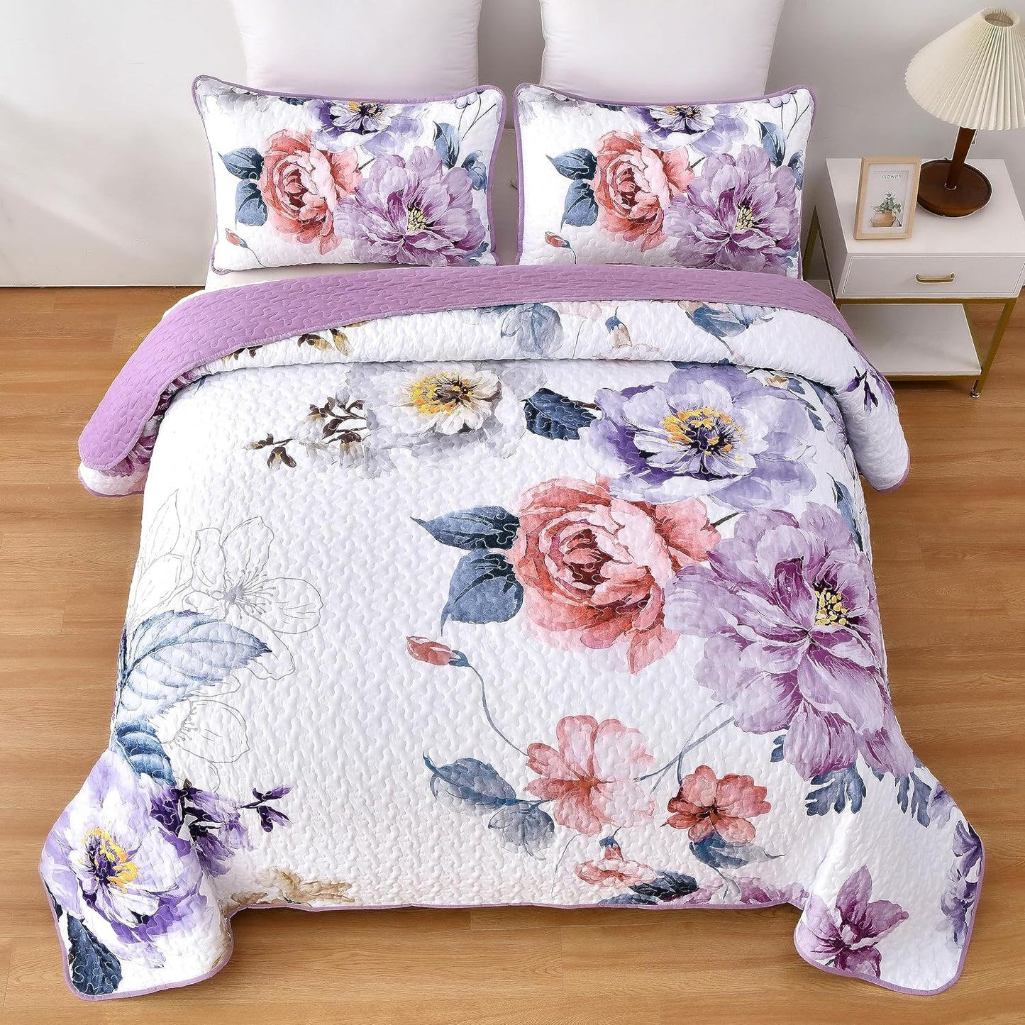 Botanical Purple Floral Reversible 2/3 Piece Quilt Set