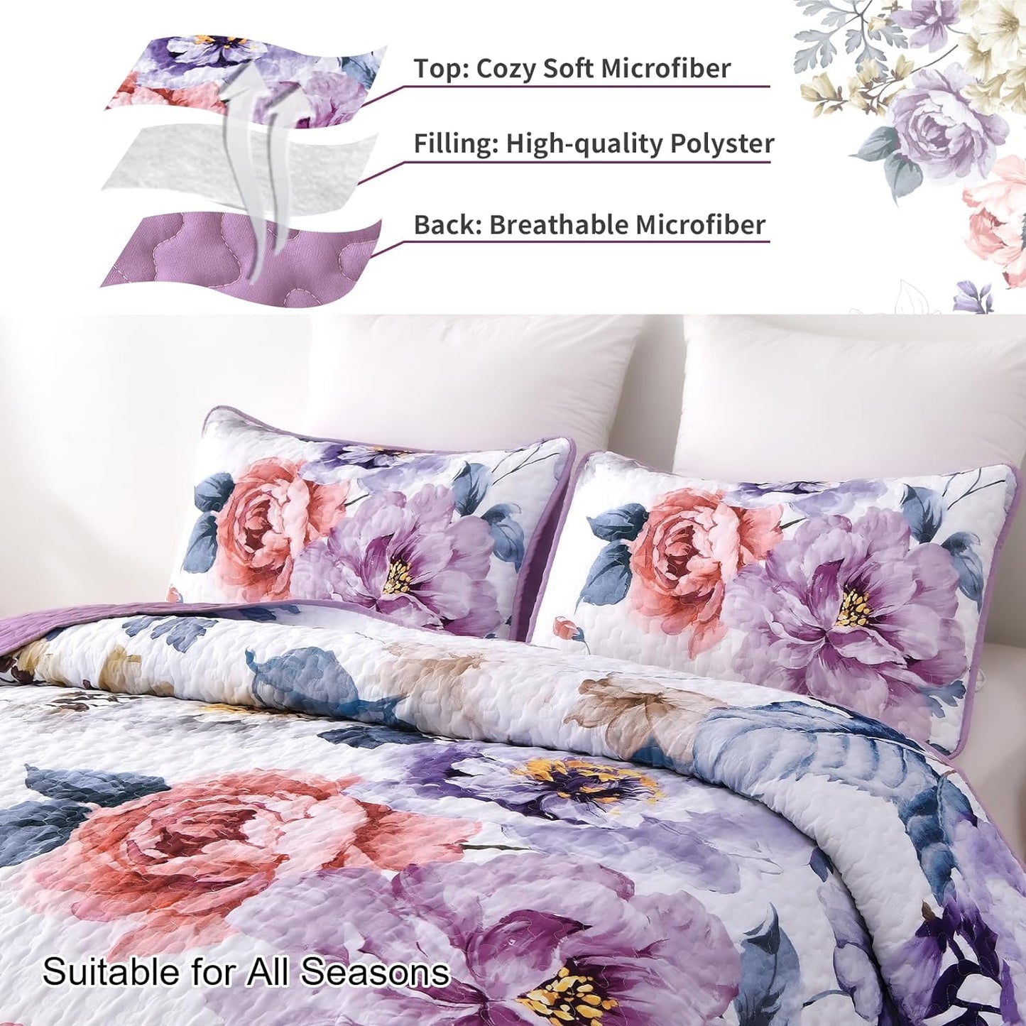 Botanical Purple Floral Reversible 2/3 Piece Quilt Set