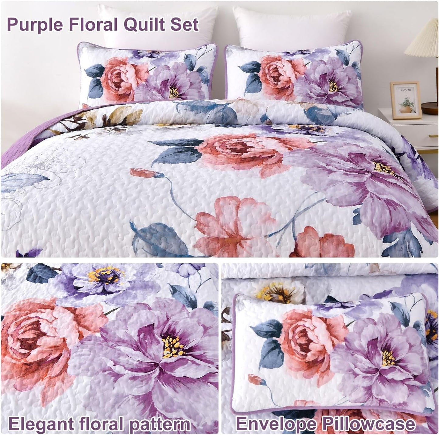 Botanical Purple Floral Reversible 2/3 Piece Quilt Set