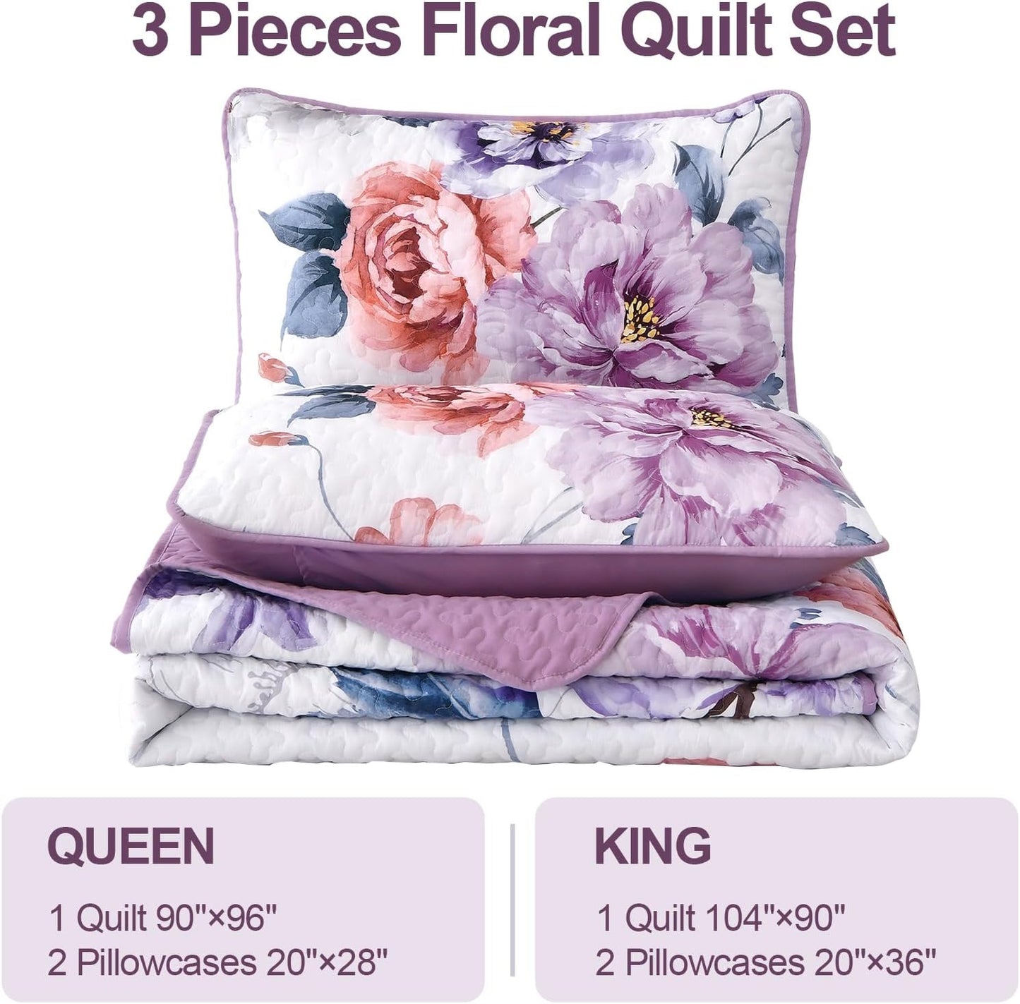 Botanical Purple Floral Reversible 3 Piece Quilt Set