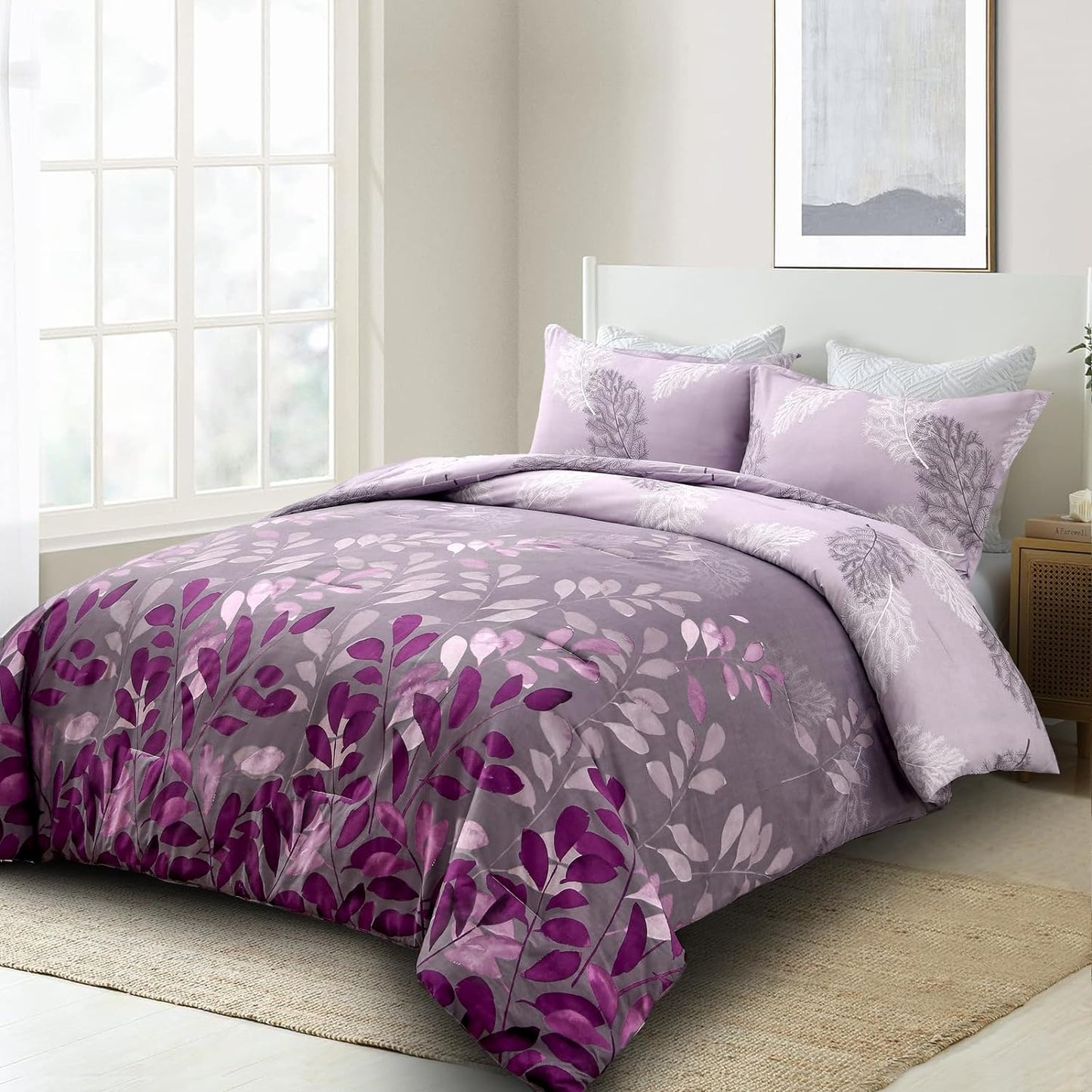 Botanical Purple Leaves 3 Piece Comforter Set