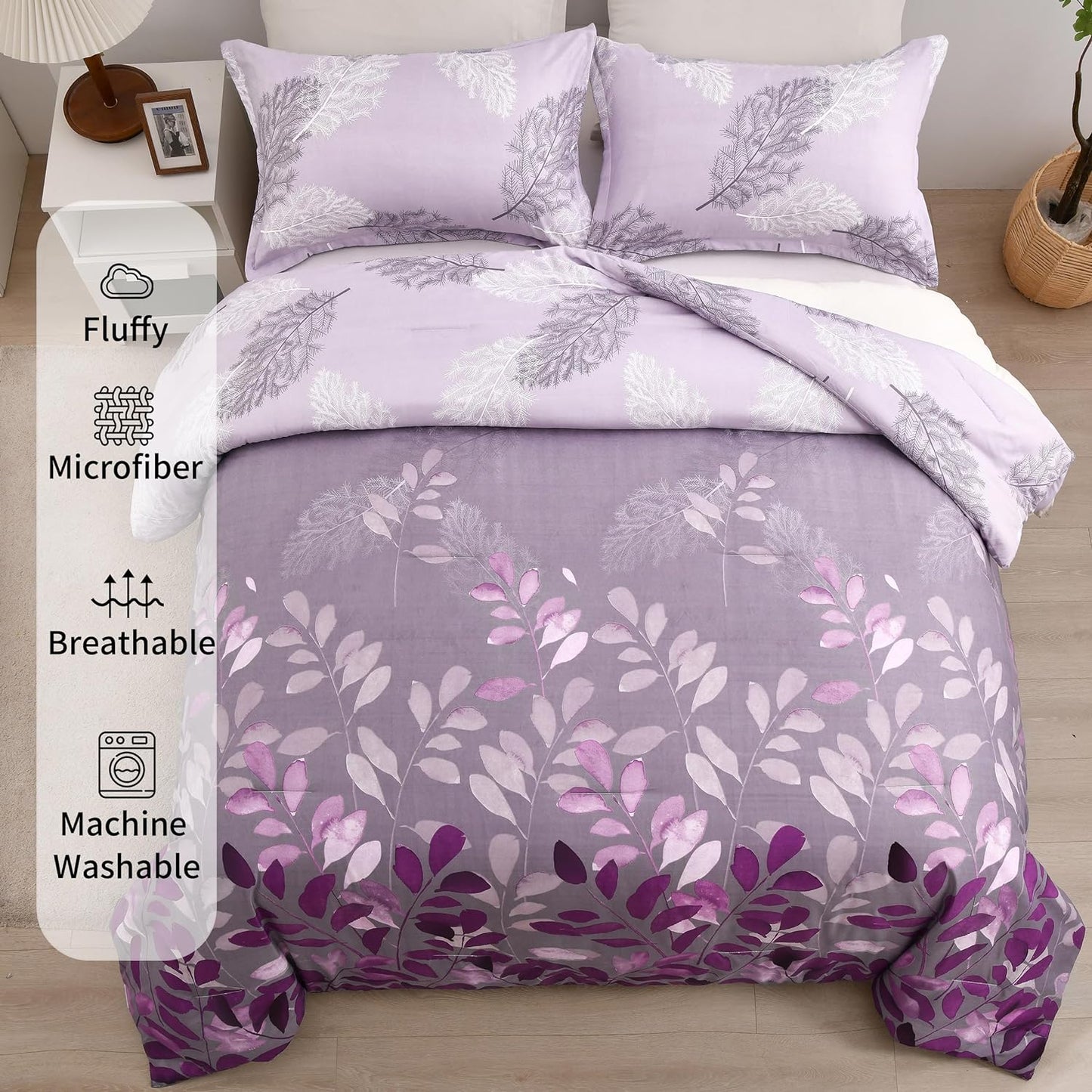 Botanical Purple Leaves 3 Piece Comforter Set