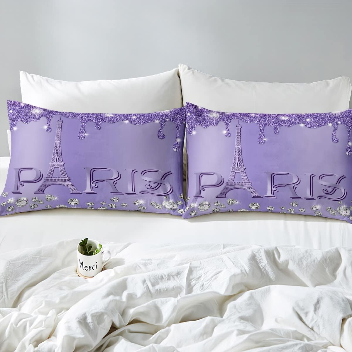 Purple & Silver Eiffel Tower 3 Piece Duvet Cover Set