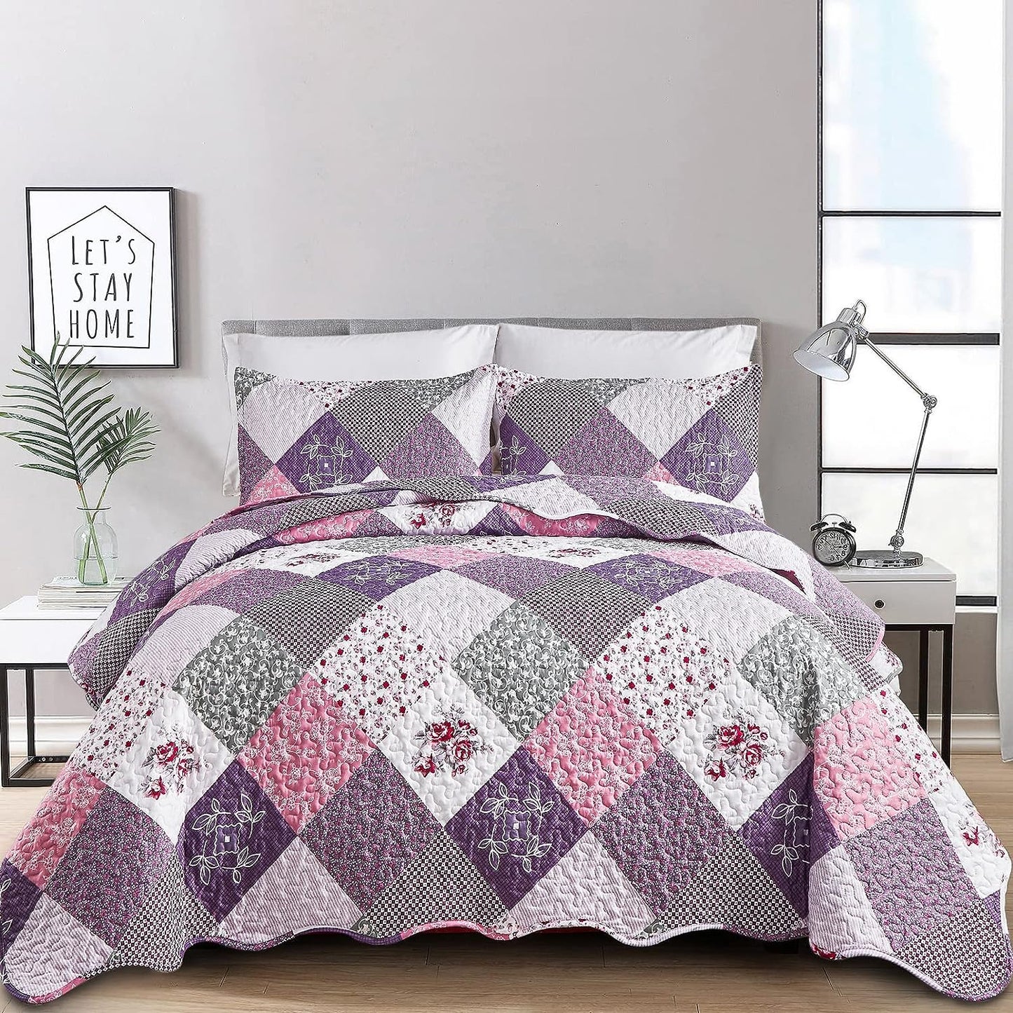Ensemble de literie 3 pièces patchwork floral violet