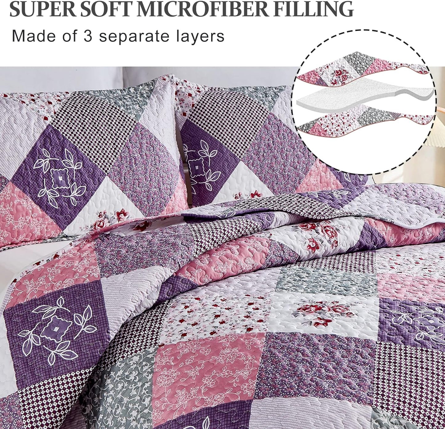 Ensemble de literie 3 pièces patchwork floral violet