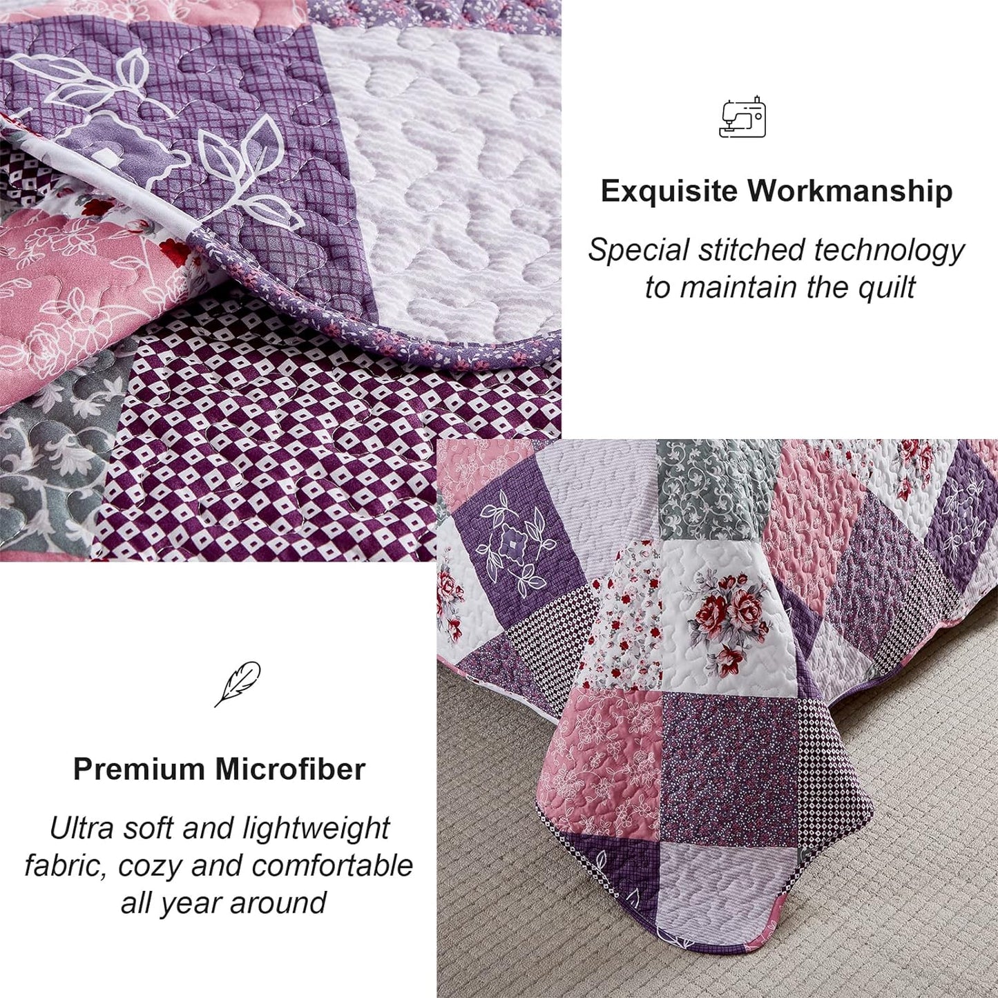 Ensemble de literie 3 pièces patchwork floral violet