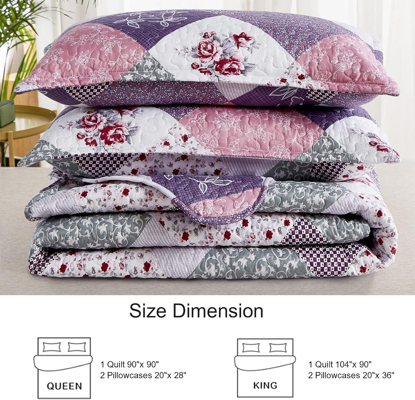 Ensemble de literie 3 pièces patchwork floral violet